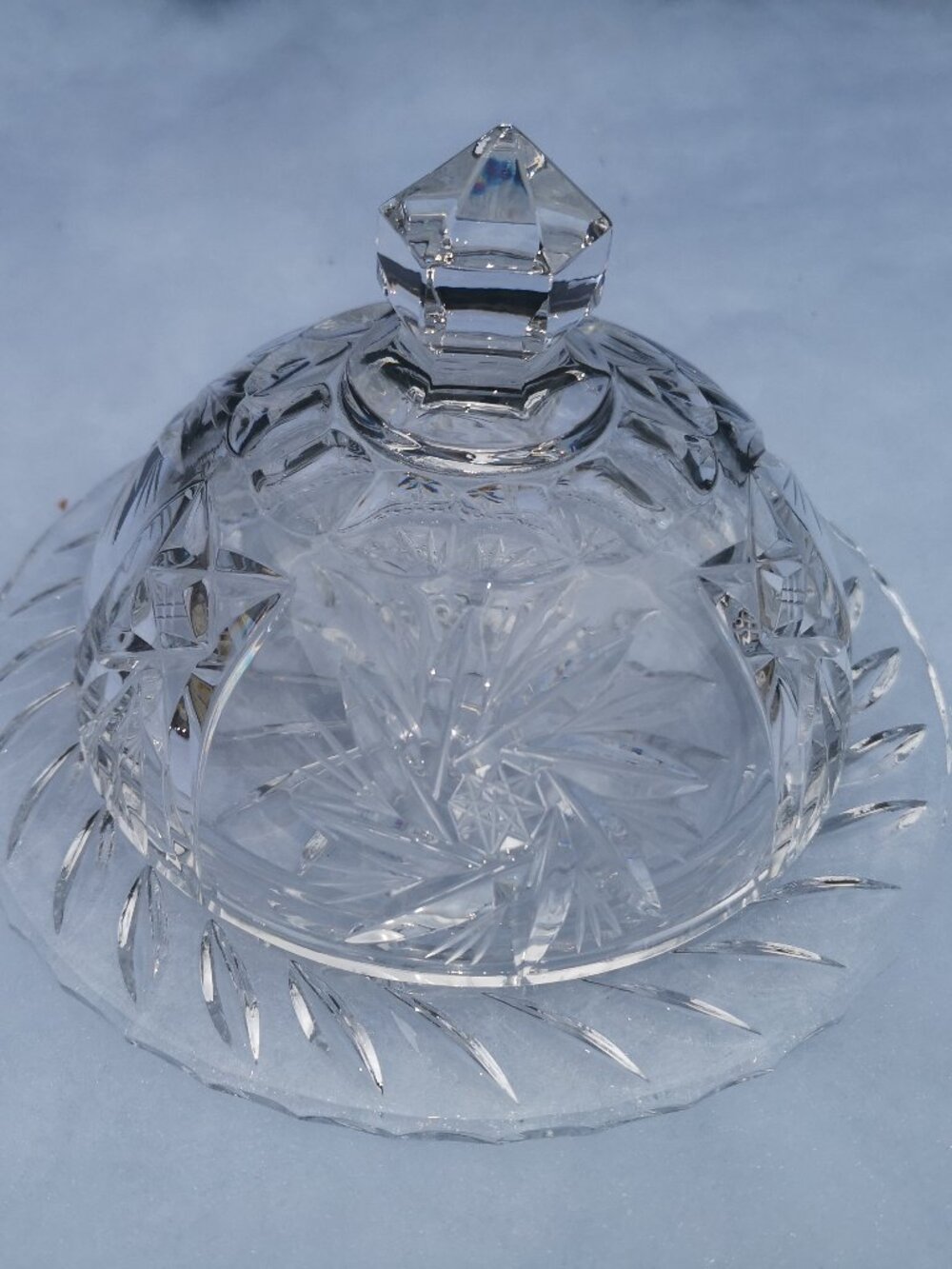 Vintage Cut Crystal Glass Pinwheel Star Domed Butter Dish & Plate 4.5" High x 6"